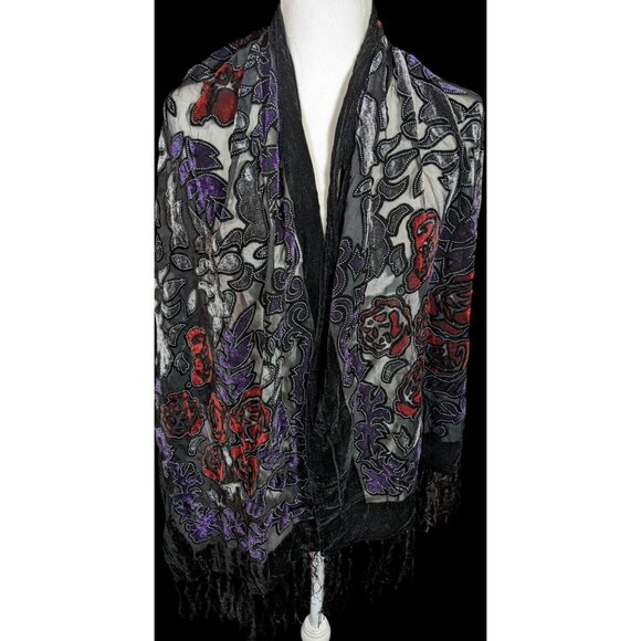 Vintage Gothic Floral Red Purple And Black Velvet Burnout Scarf With Fringe - Picture 1 of 4